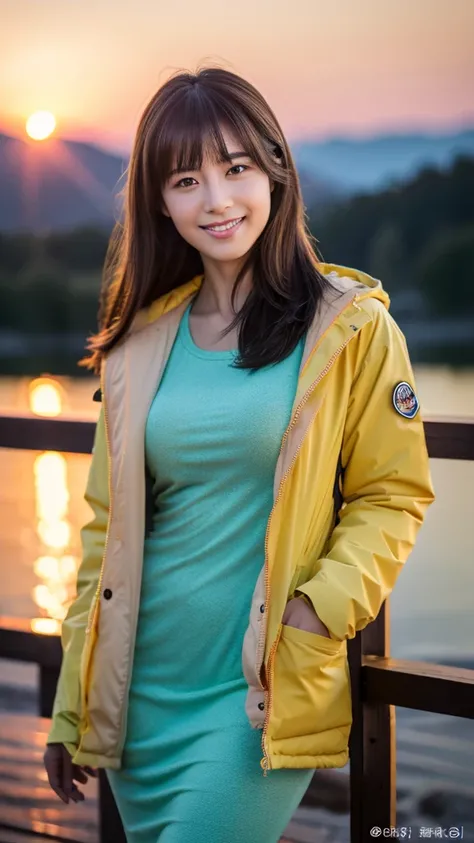 8K,Japanese woman watching the sunset,Super Beauty(Just like the real thing),OK,Middle-aged women,Mountain observation deck,image, Perfect angle、Professional quality high resolution、Perfect contrast、Perfect lighting、Perfect composition、Perfect skin、Perfect...