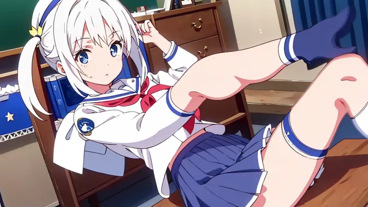 Extremely detailed great image quality 1 white-haired girl with ribbon decorations on her head, blue eyes at school navy blue miniskirt Women with white stockings at home