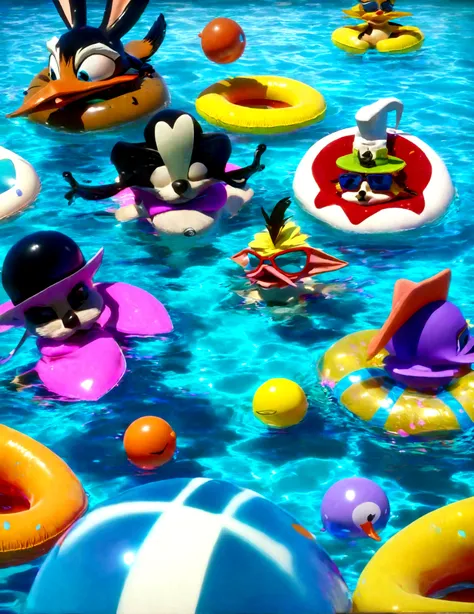 A group of Looney Tunes characters having a zany pool party, 1940s style cartoon, detailed animation, lively colors, humorous expressions, dynamic poses, wet splashes, sunlight reflections, retro aesthetic, whimsical atmosphere, (best quality, 4k, 8k, high...