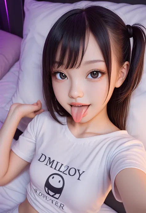 pastel colors colors t-shirt,off-shoulder look,bare shoulder,ollarbone,midriff peek,hot pants,(open mouth:1.5),(tongue out:2),lying,Selfie,overhead shot,front view,upper body,face focus,(1girl,Beautiful 14 year old girl),((Slender,Small breasts,Small face,...