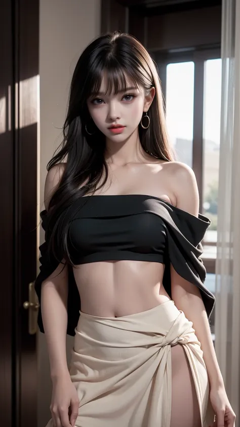 girl, eldorado, long hair, breasts, bangs, black hair, off shoulders, jewelry, earrings, dark skin, blunt bangs, bracelet, dark skinned woman, lips, crop top, hand on hip, strapless, makeup, pelvic curtain, tank top, loincloth, from behind, butt, looking b...