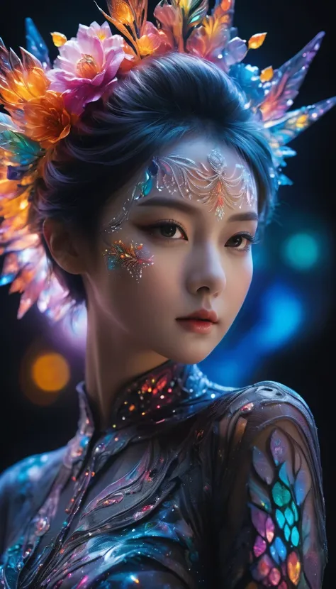 Masterpiece, high quality, 1girl, extreme detailed, colorful, highest detailed, (chiffon, body painting:1.2), 8k, digital art, macro photo, quantum dots, sharp focus, dark shot, cinematic, Microworld, (upper thighs shot), front view,