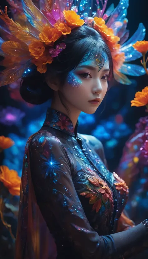 Masterpiece, high quality, 1girl, extreme detailed, colorful, highest detailed, (chiffon, body painting:1.2), 8k, digital art, macro photo, quantum dots, sharp focus, dark shot, cinematic, Microworld, (upper thighs shot), front view,