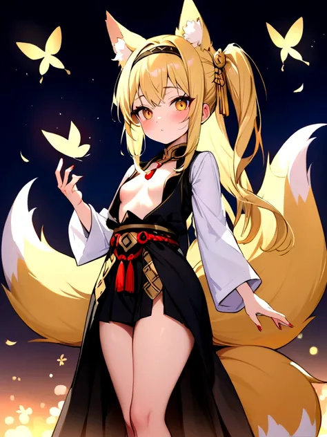 (masterpiece, best quality) junior,detailed, (beautiful,small breasts), blonde,long hair, side ponytail(gold butterfly hairband), elegant, (fox ears),nine tailed fox tail, red eyeshadow, golden eyes, femur，漏出femur, white shirt,shaman uniform,cherry blossom...