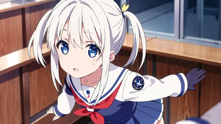 extremely detailed great image quality 1 white-haired girl with ribbon decorations on her head, blue eyes at school navy blue mi...