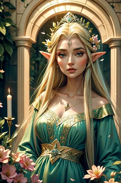 a elven queen with flowers in her hair and dress in an elegant elven dress, ethereal ageless but older than 20 looking, wearing ...