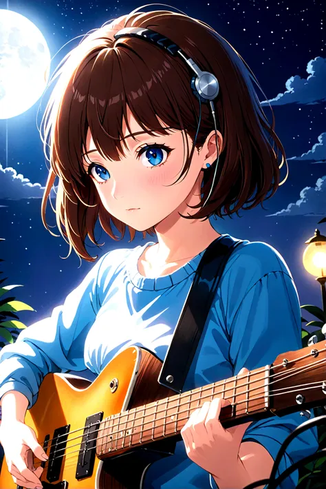 1 girl WITH SHORT HAIR, BLUE EYES and small nose 80s anime style, I have headphones IN an environment inspired by the 1980s. Soft lighting, nostalgic and soft colors, MOONLIGHT NIGHT, PLAYING GUITAR, FRONT FACE CLOSE UP