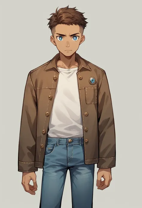 human male young adult, clear skin , brown fade hair style , blue pupils, wearing pants , wearing denim jacket ,