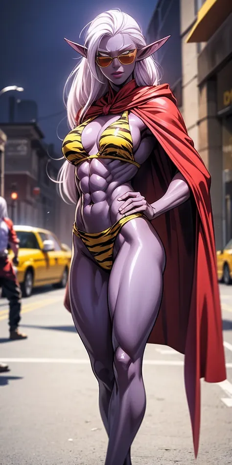 Subject:
1 Solo Female Drow Elf
Physical Description:
Purple Skin
Long White Hair
Strong Body with Abs
Shiny Skin (Ultra Quality)
Attire:
Yellow Tiger Bikini (underneath)
Red Cape (flowing)
Pose:
Standing Pose
Background:
Cinematic Street Scene (Atmospheri...