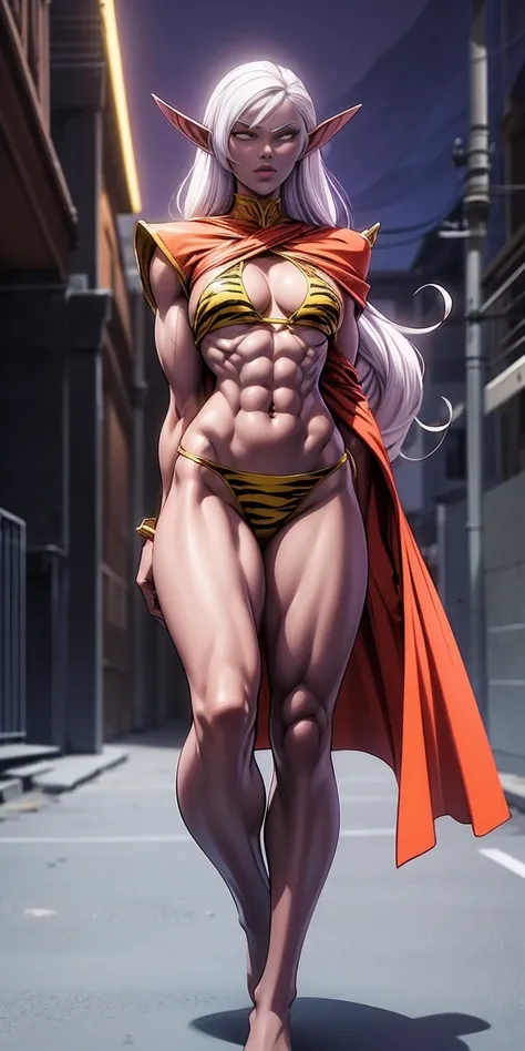 Subject:
1 Solo Female Drow Elf
Physical Description:
Purple Skin
Long White Hair
Strong Body with Abs
Shiny Skin (Ultra Quality)
Attire:
Yellow Tiger Bikini (underneath)
Red Cape (flowing)
Pose:
Standing Pose
Background:
Cinematic Street Scene (Atmospheri...