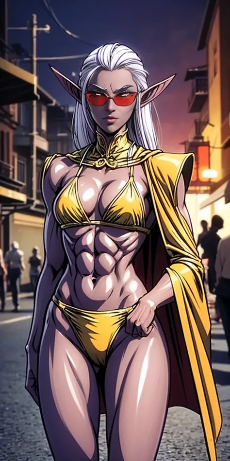 Subject:
1 Solo Female Drow Elf
Physical Description:
Purple Skin
Long White Hair
Strong Body with Abs
Shiny Skin (Ultra Quality)
Attire:
Yellow Tiger Bikini (underneath)
Red Cape (flowing)
Pose:
Standing Pose
Background:
Cinematic Street Scene (Atmospheri...