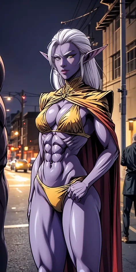 Subject:
1 Solo Female Drow Elf
Physical Description:
Purple Skin
Long White Hair
Strong Body with Abs
Shiny Skin (Ultra Quality)
Attire:
Yellow Tiger Bikini (underneath)
Red Cape (flowing)
Pose:
Standing Pose
Background:
Cinematic Street Scene (Atmospheri...