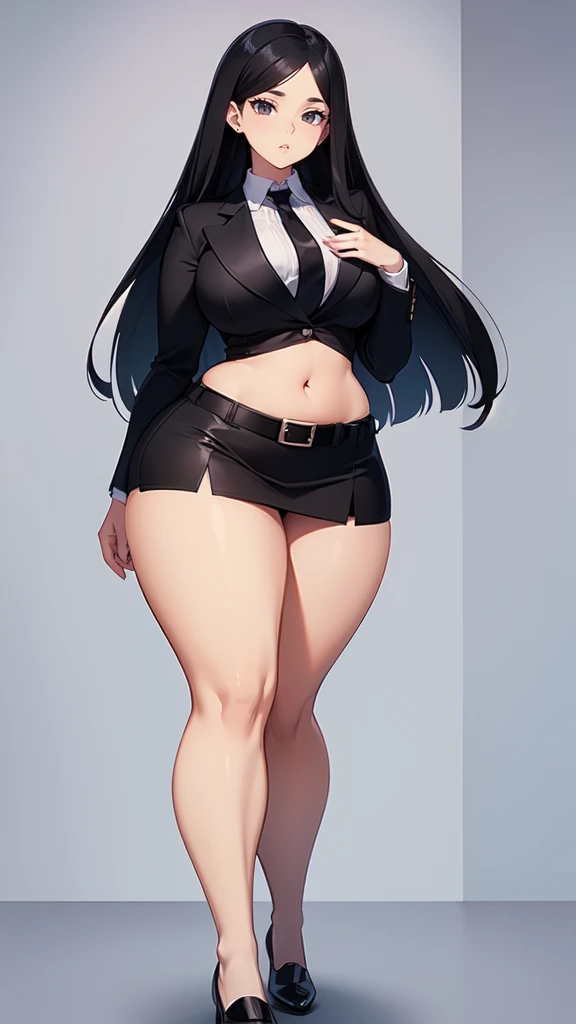 blank background, (((full body))), (masterpiece), ((best quality)), ((tall girl)), straight hair (curvy:1.6), (short skirt), shoes, belt below navel, black hair, (black suit and tie), wide hips