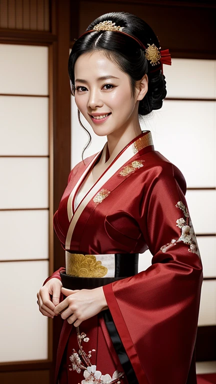 Zhang Ziyi dressed in sexy Japanese traditional clothes and smiling