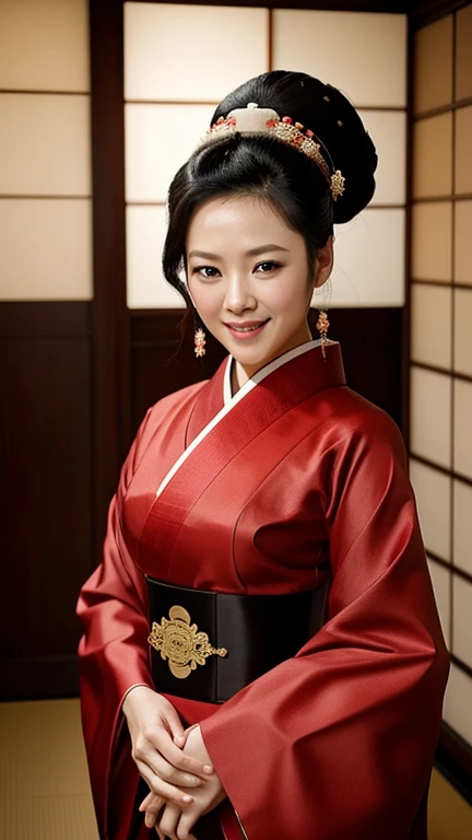 Zhang Ziyi dressed in sexy Japanese traditional clothes and smiling