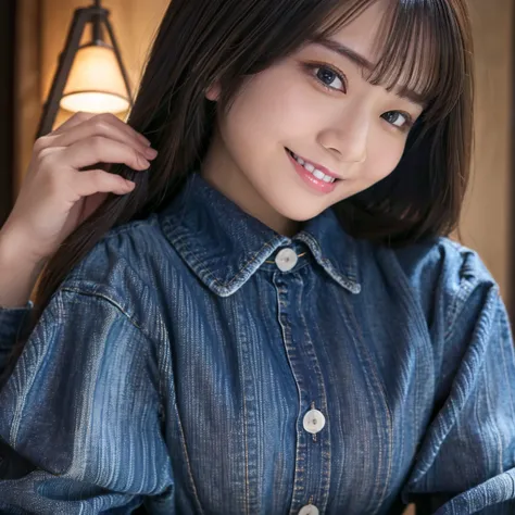 HD detailed, Super detailed, Realistic,Hyperrealism,Best image quality、Highest quality、masterpiece、Ultra-high resolution、Like the picture:1.5、Professional Lighting、Young Japanese Woman,Buttoned up、Wearing a long-sleeved denim shirt and jeans、A kind smile、