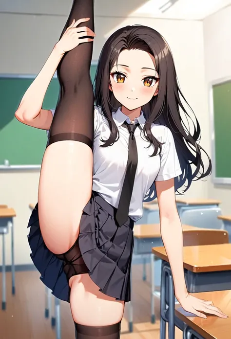 A teenage girl, 16-years-old, solo, Korean, loose wavy black hair, no bangs, brown eyes, white blouse, black necktie, standing_split, black pleated skirt, black pantyhose, playful smile, cheerful, classroom