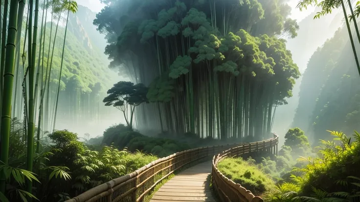 This photo depicts a small trail through a lush bamboo forest, extending deep into the mountain landscape. The high mountains are covered with thick mist, creating a magical and poetic scene. Tall, vertical bamboo trees along the path create a natural fenc...