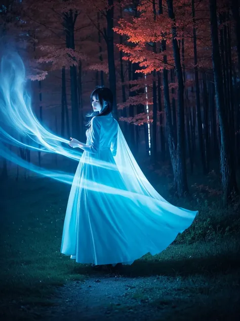 Blue Flame、ghost、Dark Forest、night、深night、Red eyes、Apparition、mysterious、lake、Foggy、turn around、spirit、Illusion、woman、turn around、Hair fluttering in the wind、Copyright circumvention、Blue light、