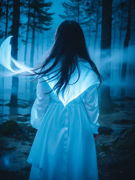 Blue Flame、ghost、Dark Forest、night、深night、Red eyes、Apparition、mysterious、lake、Foggy、turn around、spirit、Illusion、woman、turn around、Hair fluttering in the wind、Copyright circumvention、Blue light、