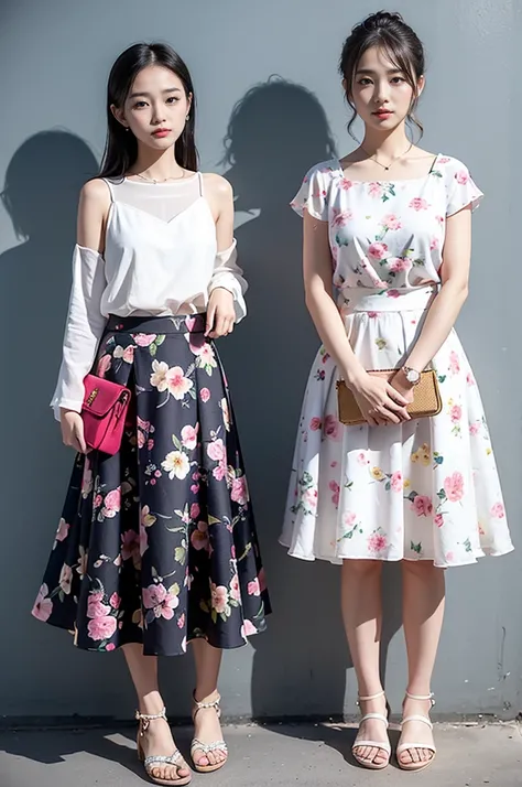 1. Features of A-line floral skirt：A-shaped design，Suitable for most body types。
Fabric Selection：Cotton or chiffon。
Colors and Patterns：Light background with bright floral pattern。
Pairing suggestions：Pair it with a pair of simple sandals or white shoes，A...