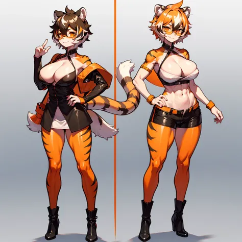 white background, full body, ((furry female:1.2)), Standing, animal ears, white hair, black hair, round eyewear,  short hair, large breasts, muscle, tail, orange eyes, orange hair, multicolored hair, tiger girl, hair between eyes, tiger_ears, tiger_tail, o...