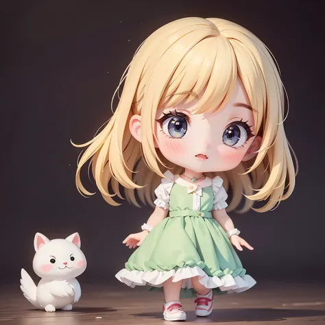  Super Chibi Character：1.8、Wearing cute shoes、background：Full white screen、Blonde Hair、Cute 7 year old girl、Cinderella Dresses、Various expressions：1.8、Various poses with moving arms：1.8、Looking this way