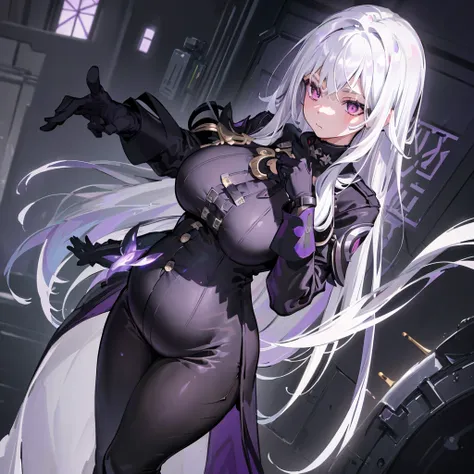 (masterpiece, best quality:1.2), illustration, 8k, hd, 1 girl, alone, (((white hair, purple eyes, black coat,))) big breasts, bl...