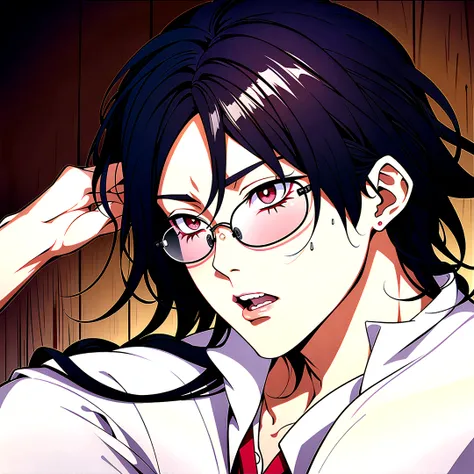 Anime guy with black hair and glasses lying on a wooden floor, ( ( ( yoh yoshinari ) ) ), tsurumaki kazuya, Handsome men from Demon Slayer, everyone, Also, He has a devastated look, Sleepy look, Tired and troubled expression, tanjiro kamado, Tired and trou...