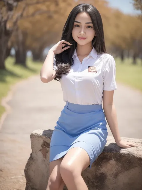 1girl, a girl sitting in the middle of a park, 19-years-old-girl, (Indonesian_high_school_uniform), detailed face, detailed eyes,  detailed skin, looking at Viewer, clear light, (8k, RAW photo, best quality, masterpiece: 1.4), (realistic, realistic: 1.37),...