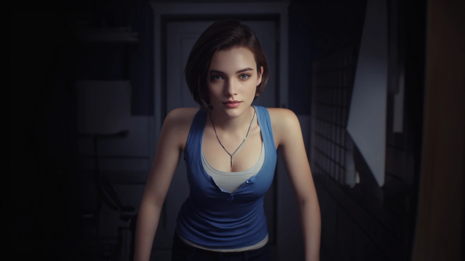 woman, short hair, blue shirt, looking forward