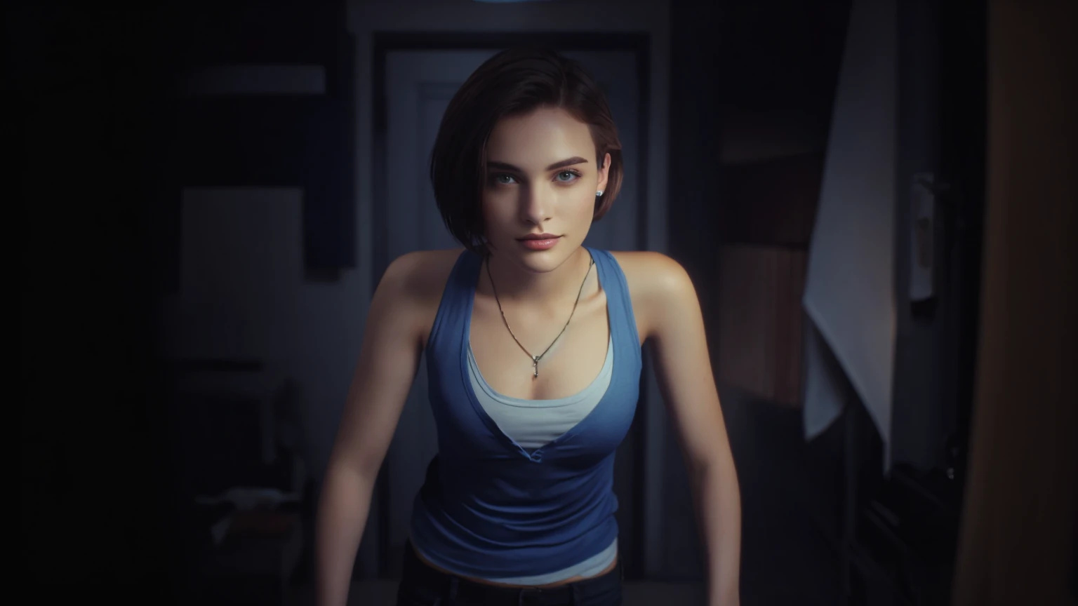 woman, short hair, blue shirt, looking forward