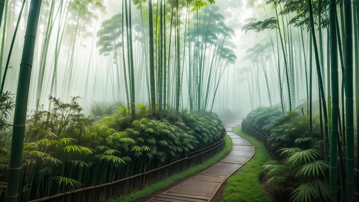 This photo depicts a small trail through a lush bamboo forest, extending deep into the mountain landscape. The high mountains are covered with thick mist, creating a magical and poetic scene. Tall, vertical bamboo trees along the path create a natural fenc...