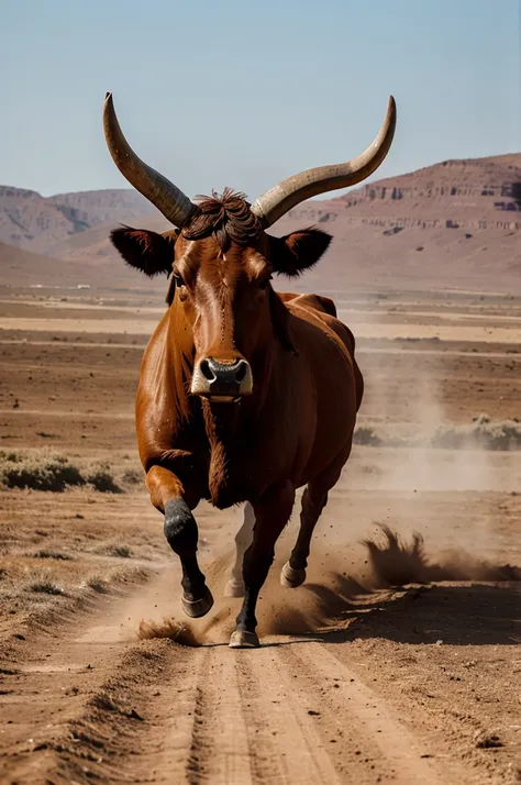 Ox running on dusty ground