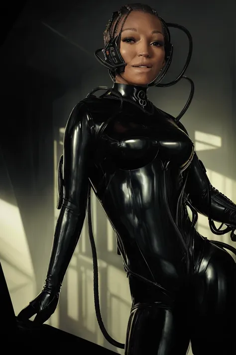 (tawny newsome:1.2), (black skin:1.2), (liquid metal girl full body
 sttldunf uniform:1.2), (Liquid Metal sttldunf uniform:1.2) being assimilated by  Borg, robotic, 
ballgag, leather catsuit, belt, lying, prisoner, (best quality,4k,8k,highres,masterpiece:1...