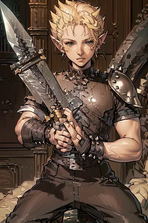 (((Masterpiece of the highest quality.))), (((medieval fantasy))), (((Extreme details))), ((medieval fantasy swordsman)), ((based on cloud strife)), (medieval punk), ((fantasy great sword)) (((ultra detailed))), (((male))), ((Alone)) ((male elf)), ((A 25 y...