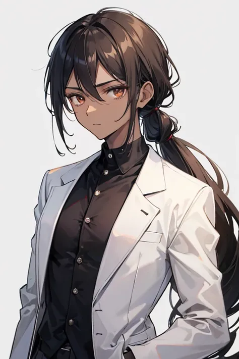 sunny young man with dark skin Long curly hair tied in a low ponytail, brown eyes, 186 cm tall.. Wear a black collared shirt Wear beige pants And wearing a long white blazer, his face is smooth and his face looks cool.