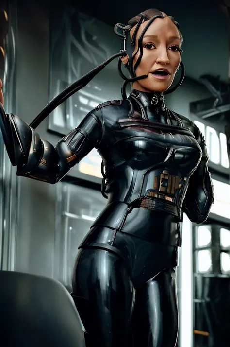 (tawny newsome:1.2), (black skin:1.2), (liquid metal girl full body
 sttldunf uniform:1.2), (Liquid Metal sttldunf uniform:1.2) being being transformed into drone,, Borg, robotic, 
ballgag, leather catsuit, belt, lying, prisoner, (best quality,4k,8k,highre...