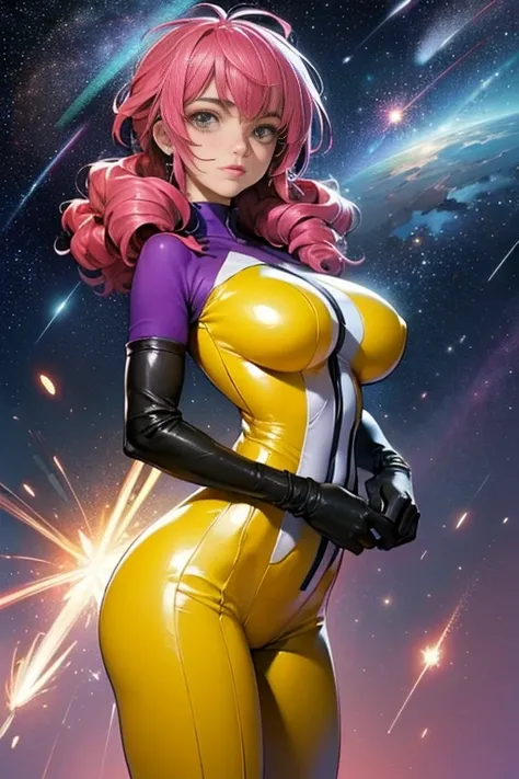 (masterpiece, top quality), (medium),official art, beautiful and aesthetic:1.2),(feldt:1.3), (fractal art:1.3), gundam00, pink hair, ((yellow bodysuit)), from side, (slendered abs:1.2), looking at viewer,(((starry sky))), stars in the background,((black gl...