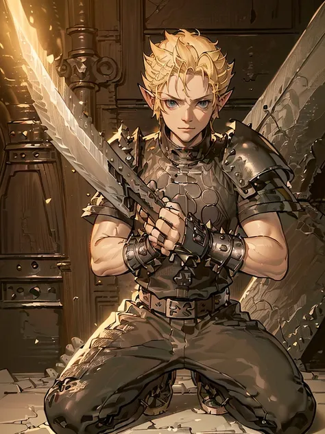 (((Masterpiece of the highest quality))), (((medieval fantasy))), (((Extreme details))), ((medieval fantasy swordsman)), ((based on cloud strife)), (medieval punk), ((fantasy great sword)), (((ultra detailed))), (((male))), ((male elf)), ((A 25 year old el...