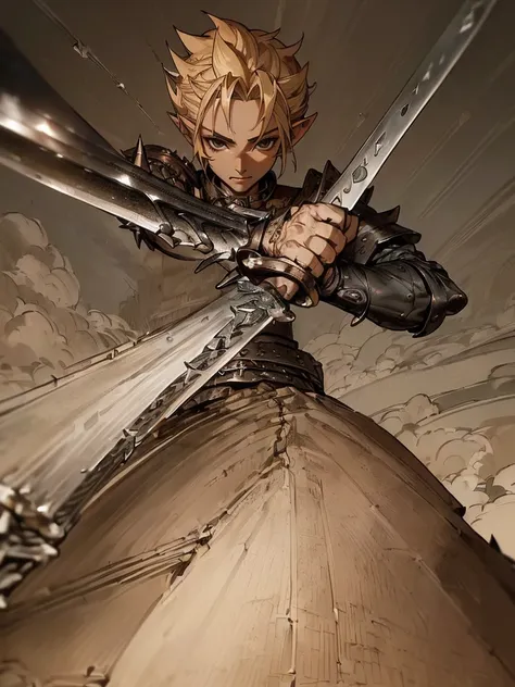 (((Masterpiece of the highest quality))), (((medieval fantasy))), (((Extreme details))), ((medieval fantasy swordsman)), ((based on cloud strife)), (medieval punk), ((fantasy great sword)), (((ultra detailed))), (((male))), ((male elf)), ((A 25 year old el...