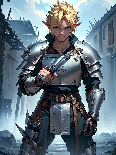 (((Masterpiece of the highest quality))), (((medieval fantasy))), (((Extreme details))), ((medieval fantasy swordsman)), ((based on cloud strife)), (medieval punk), ((fantasy great sword)), (((ultra detailed))), (((male))), ((male elf)), ((A 25 year old el...