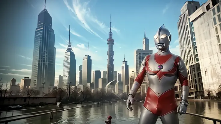 (masterpiece, best quality:1.3),extremely high detailed,intricate,8k,hdr,wallpaper,cowboy shot,(city),ruins,solo,ultraman,no hum...