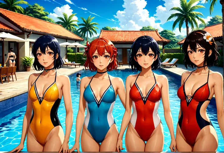 A group of anime characters in swimsuits relaxing at a pool party, highly detailed, beautiful scenery, vivid colors, photorealistic, 8K, masterpiece, (best quality,4k,8k,highres,masterpiece:1.2),ultra-detailed,(realistic,photorealistic,photo-realistic:1.37...