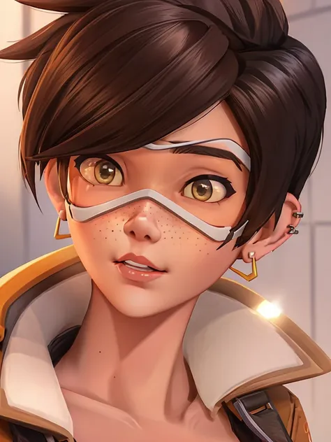 vhs cover for a porn starring tracer. hoop-earings. biting her lip. young, naked. nude. slut. small_boobs, nipples. freckles. po...