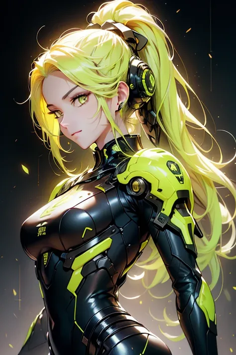 masterpiece, best quality, Beautiful and fine hair and fine face, Perfect female face, (happy:1.2), Internet skull mask, (closeup portrait:1.2), Face focus, Beautiful and lovely woman in armor and shiny yellow ponytail, yellow neon light, (Sci-fi cyberpunk...