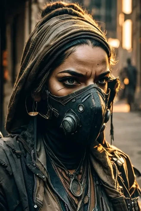 Cyberpunk, Scavenger, woman, dressed in rags, mask