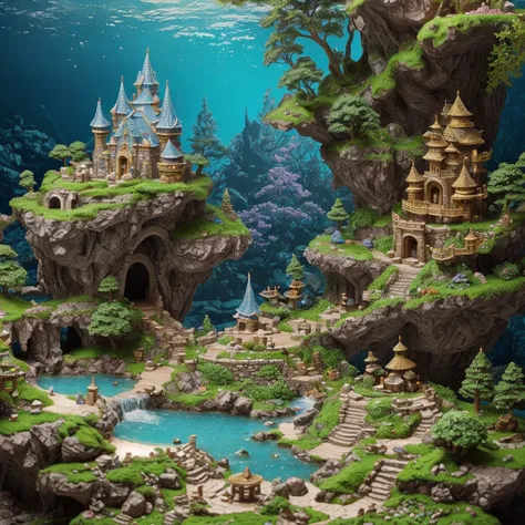 a small statue of a castle on a rock, cave with waterfall, beautiful detailed miniature, undersea temple with fish, сastle on the rock, fairyland bridge, detailed scenery, detailed trees and cliffs, beautiful detailed scene, enchanted forest tower, mythica...