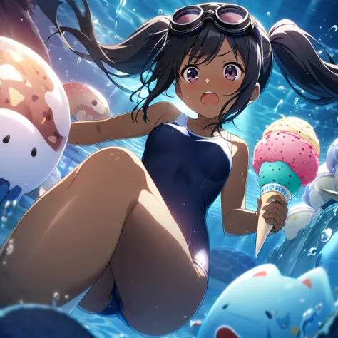 1girl、Eat ice cream、Black Hair、Pigtails、Navy blue school swimsuit、Brown Skin、Red polka dot swim ring、Black underwater goggles、deep faint light 、 detailed CG、high resolution