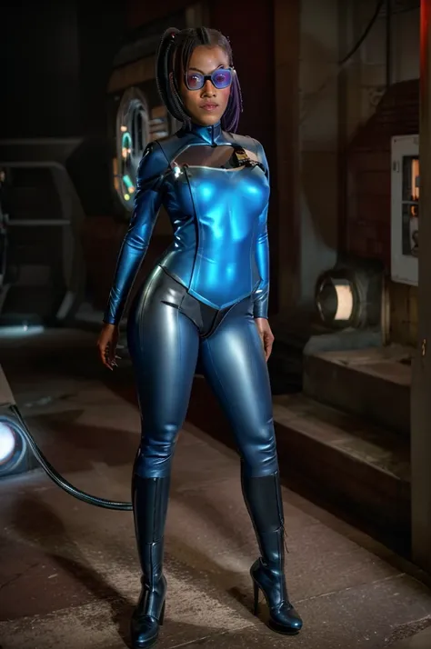 Full body, Black woman wearing blue sttldunf uniform,veins,borg,eyepatch,cable,luma,rosalina,detailed face,detailed eyes,detailed lips,metal texture,sci-fi,glowing lights
jamesdaly artstyle,